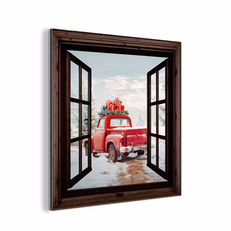 Aluminium schilderij - Doorkijk - Auto - Rood - Cadeaus - Winterlandschap - Kerst — 1