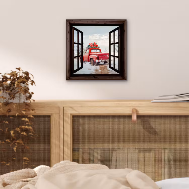 Aluminium schilderij - Doorkijk - Auto - Rood - Cadeaus - Winterlandschap - Kerst — 4