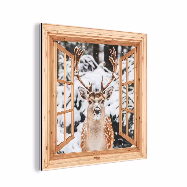 Aluminium schilderij - Doorkijk - Hert - Sneeuw - Winter - Bos - Dieren — 1