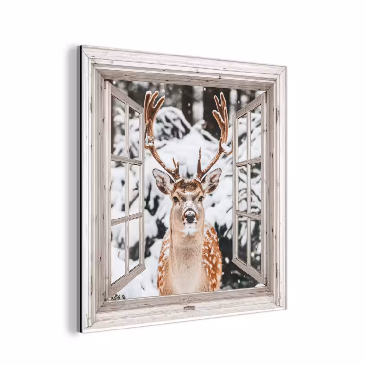 Aluminium schilderij - Doorkijk - Hert - Sneeuw - Winter - Bos - Dieren - Natuur — 1