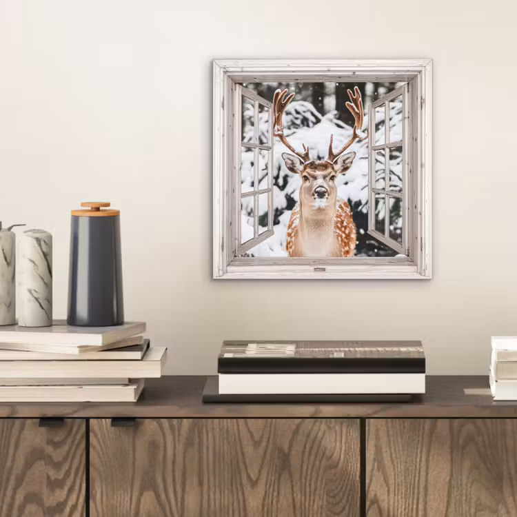 Aluminium schilderij - Doorkijk - Hert - Sneeuw - Winter - Bos - Dieren - Natuur — 2