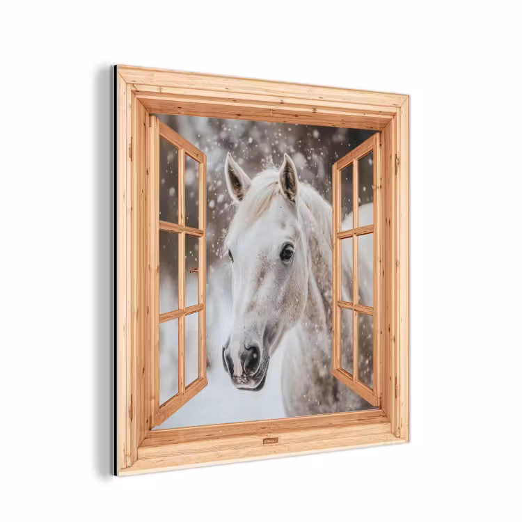 Aluminium schilderij - Doorkijk - Paard - Wit - Winter - Sneeuw - Dieren — 1