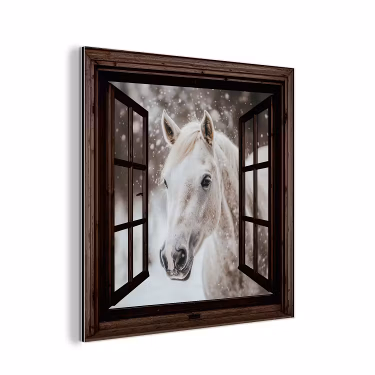 Aluminium schilderij - Doorkijk - Paard - Wit - Winterlandschap - Sneeuw — 1