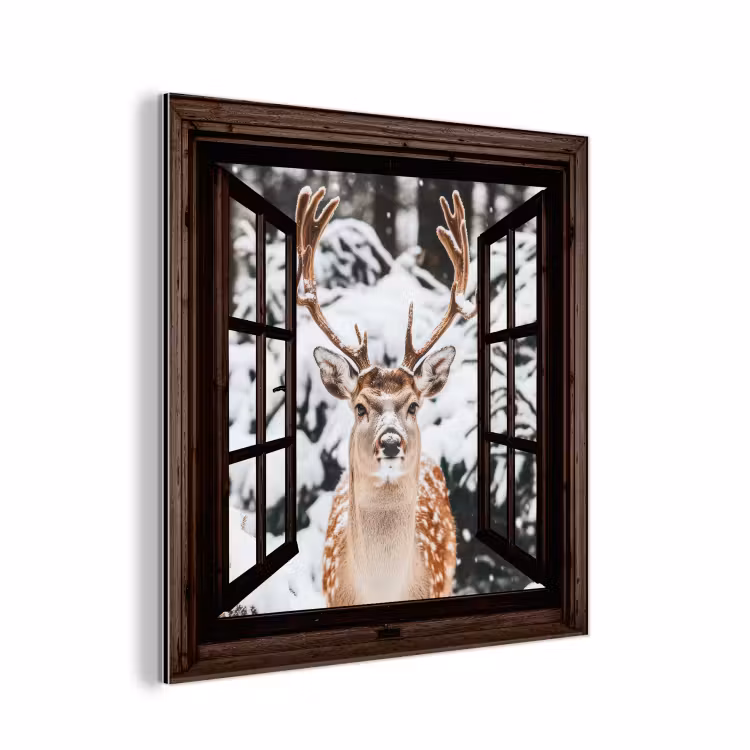 Aluminium schilderij - Hert - Sneeuw - Winter - Bos - Dieren - Doorkijk — 1