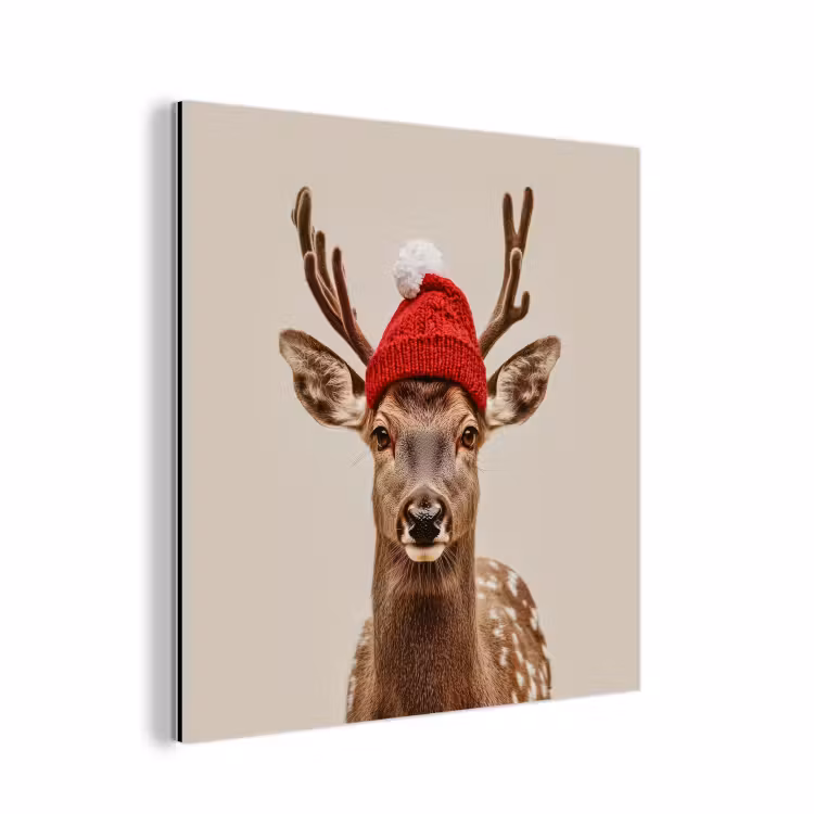 Aluminium schilderij - Hert - Kerst - Muts - Dieren - Winter - Grappig — 1