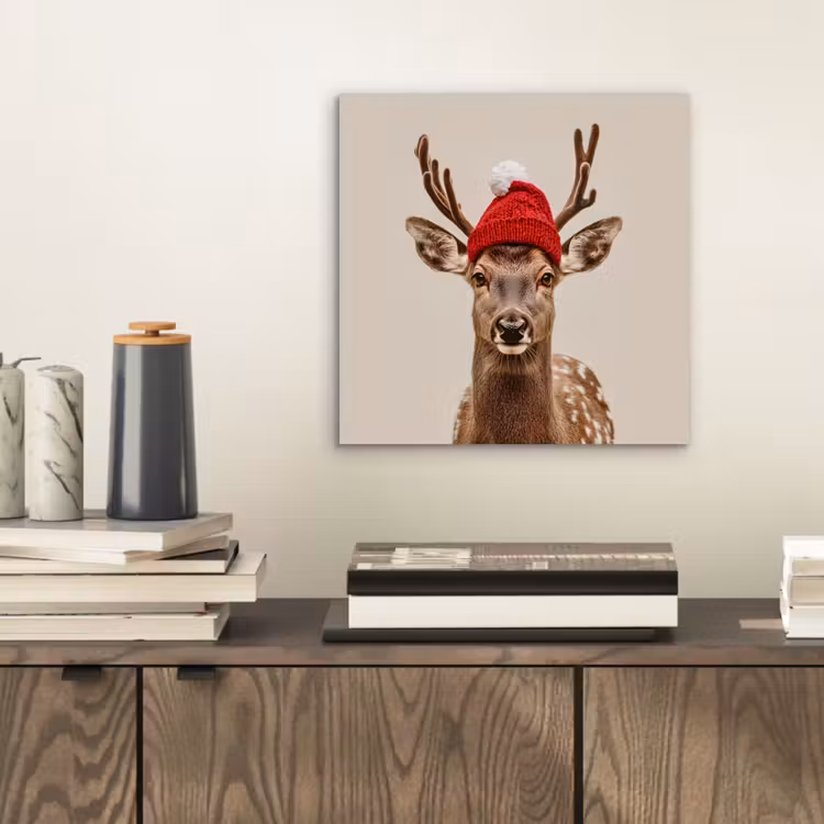 Aluminium schilderij - Hert - Kerst - Muts - Dieren - Winter - Grappig — 2