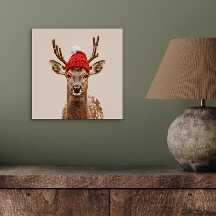 Aluminium schilderij - Hert - Kerst - Muts - Dieren - Winter - Grappig — 3