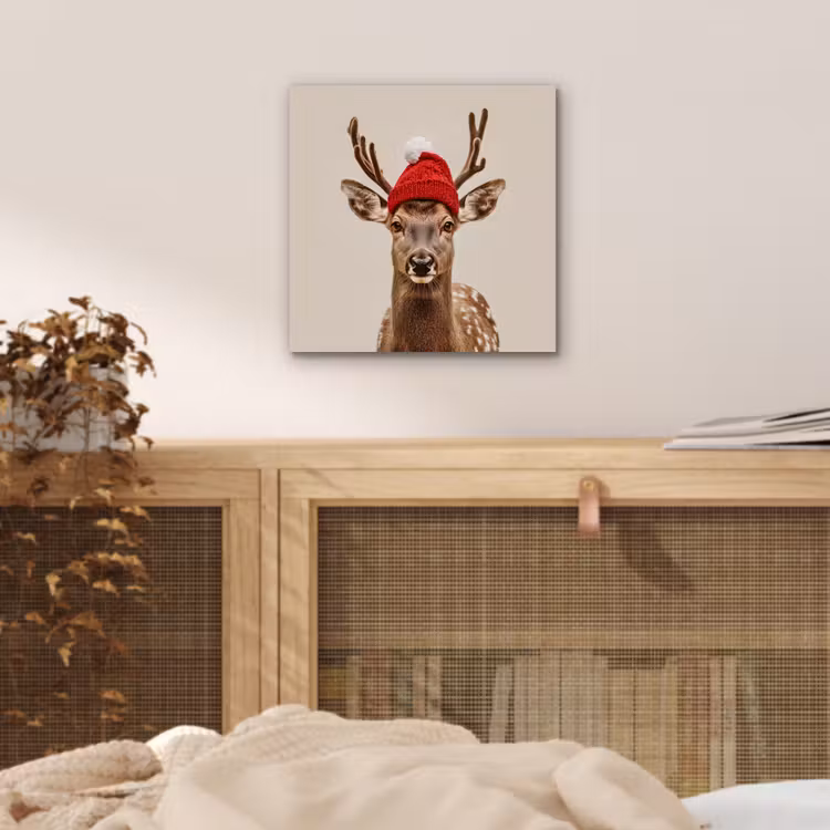 Aluminium schilderij - Hert - Kerst - Muts - Dieren - Winter - Grappig — 4