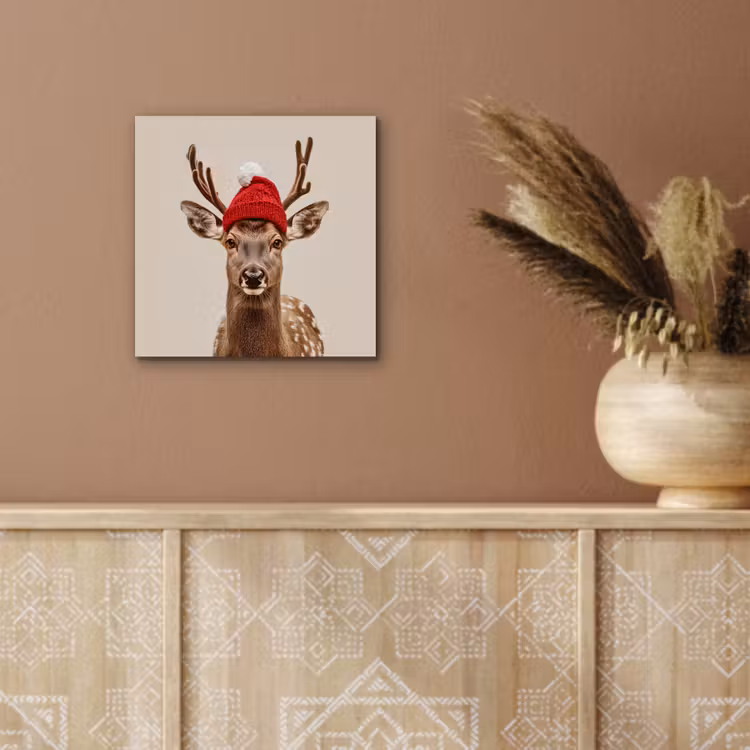 Aluminium schilderij - Hert - Kerst - Muts - Dieren - Winter - Grappig — 5