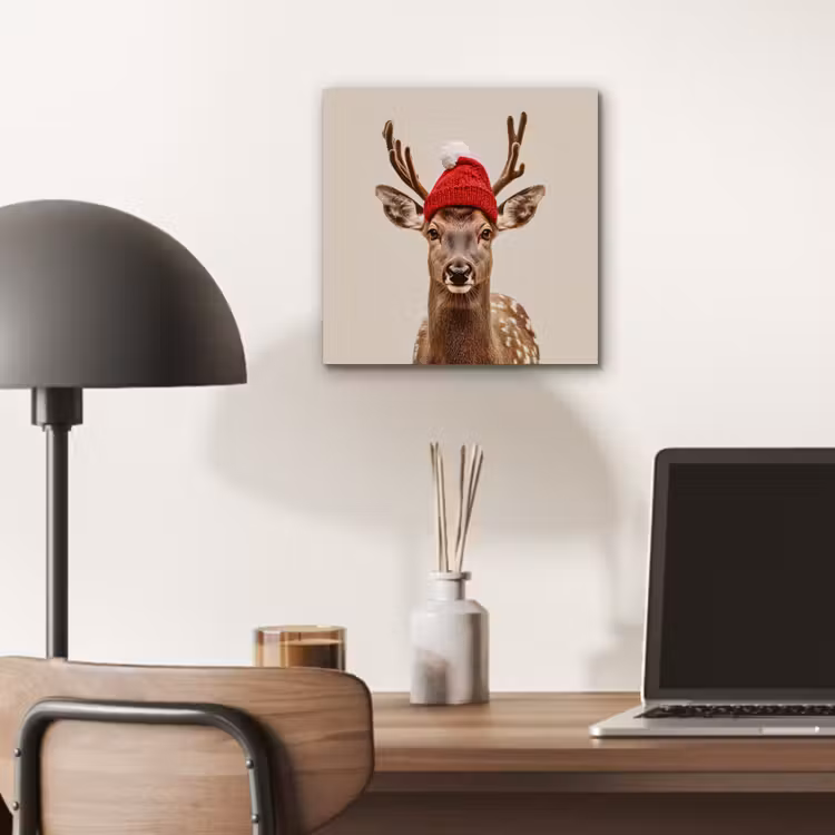 Aluminium schilderij - Hert - Kerst - Muts - Dieren - Winter - Grappig — 6