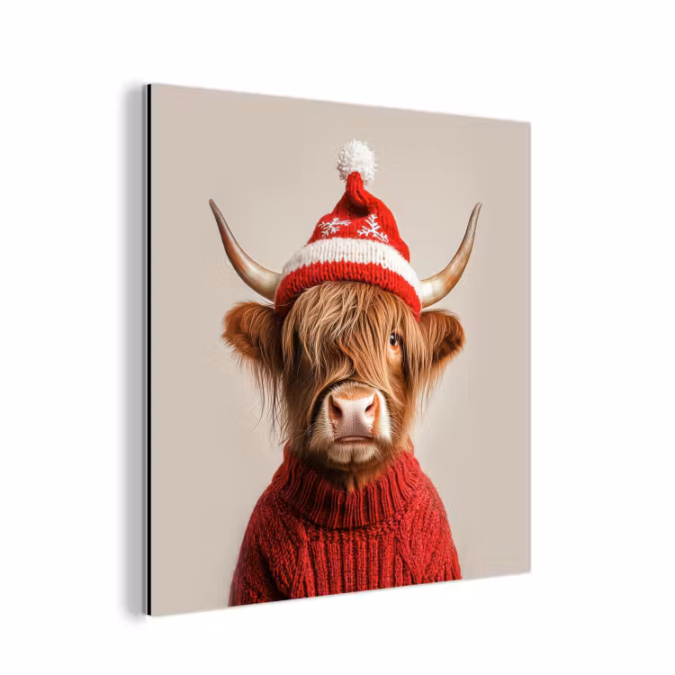 Aluminium schilderij - Schotse Hooglander - Kerst - Muts - Trui - Winter — 1
