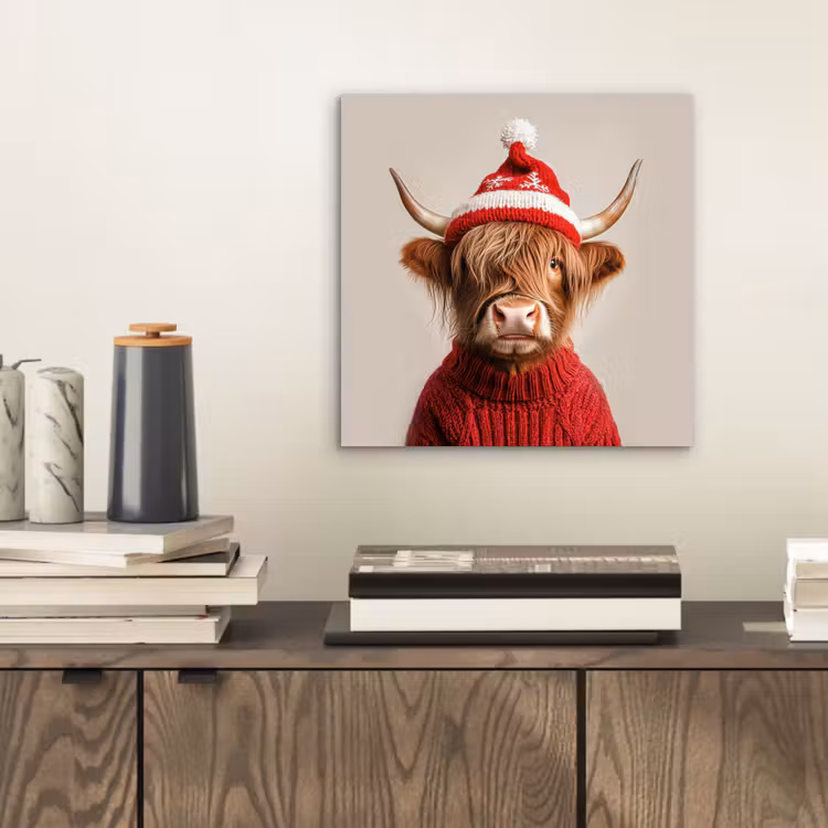 Aluminium schilderij - Schotse Hooglander - Kerst - Muts - Trui - Winter — 2
