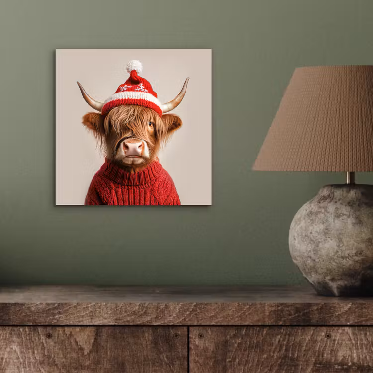 Aluminium schilderij - Schotse Hooglander - Kerst - Muts - Trui - Winter — 3