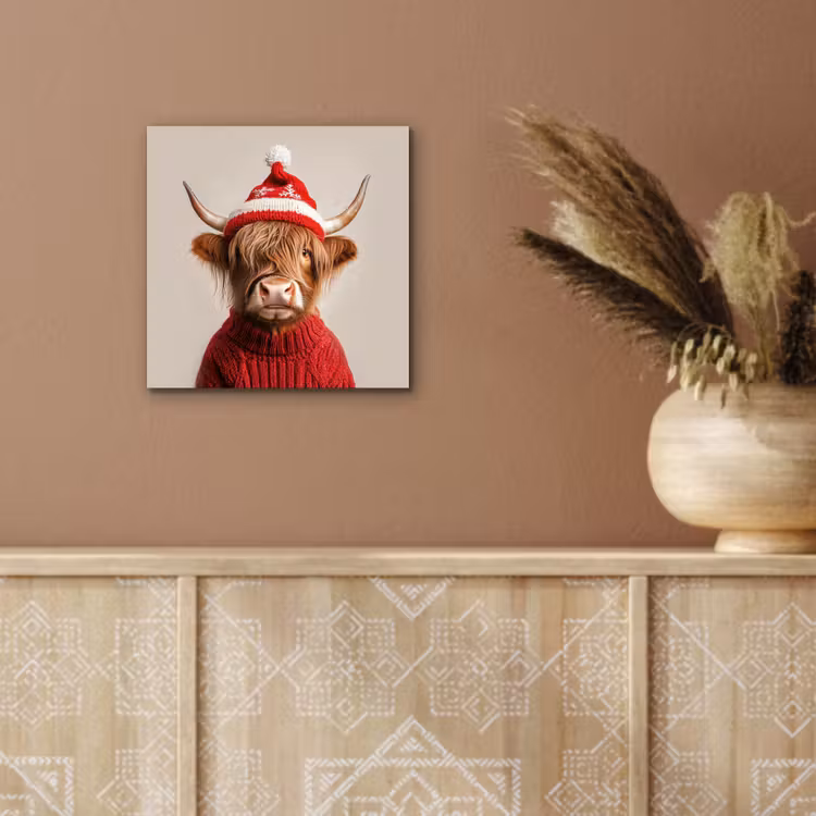 Aluminium schilderij - Schotse Hooglander - Kerst - Muts - Trui - Winter — 5
