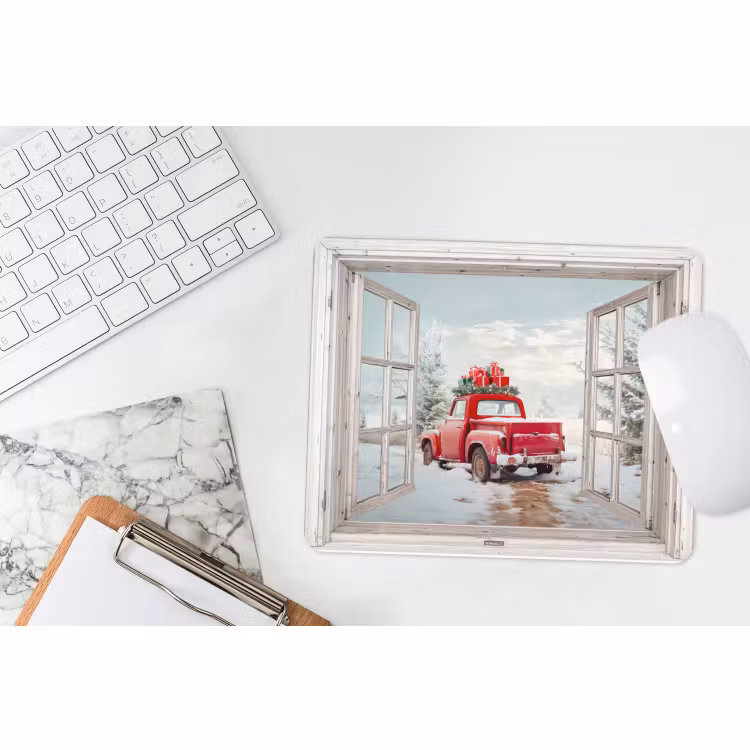 Muismat - Auto - Rood - Cadeaus - Winter - Kerst - Doorkijk - Wit — 2