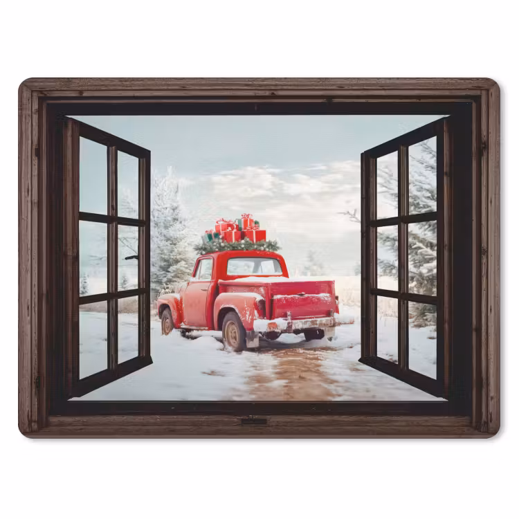 Muismat - Doorkijk - Auto - Rood - Cadeaus - Winterlandschap - Kerst — 1