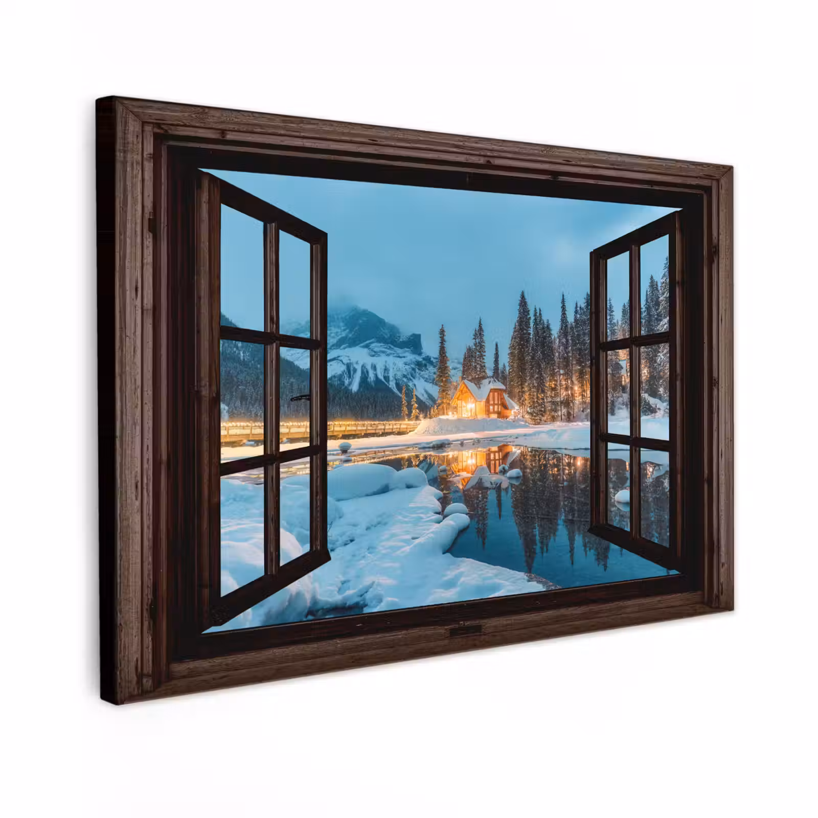 Canvas schilderij - Doorkijk - Winter - Landschap - Natuur - Huis - Bergen — 1