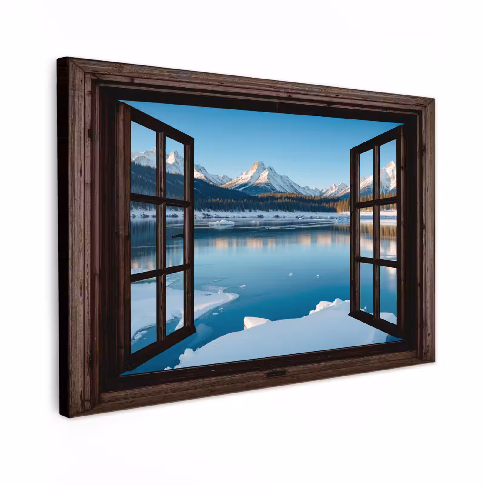 Canvas schilderij - Doorkijk - Winterlandschap - Meer - Bergen - Uitzicht — 1