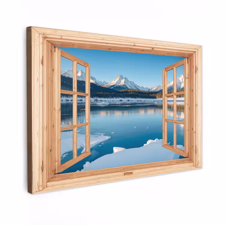 Canvas schilderij - Doorkijk - Landschap - Winter - Meer - Bergen - Uitzicht — 1