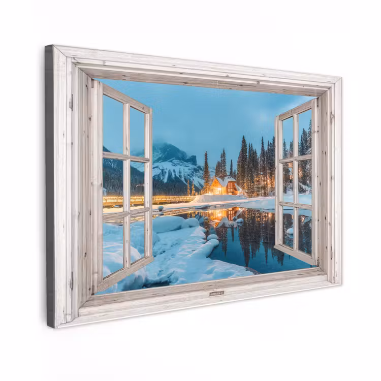 Canvas schilderij - Doorkijk - Winterlandschap - Natuur - Huis - Bergen — 1