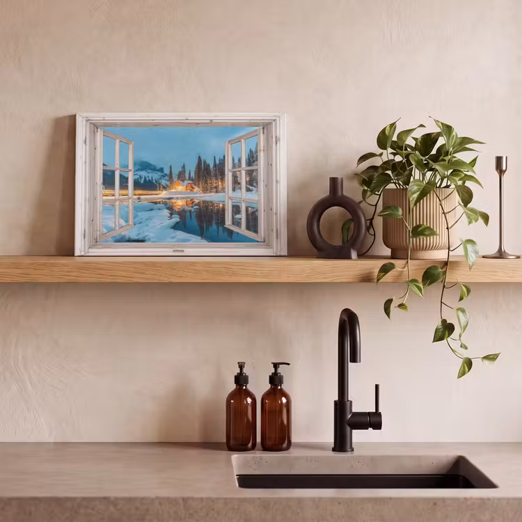 Canvas schilderij - Doorkijk - Winterlandschap - Natuur - Huis - Bergen — 3