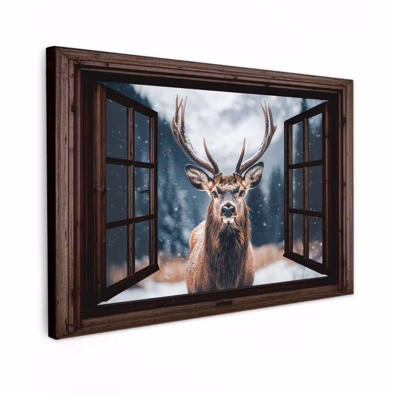 Canvas schilderij - Doorkijk - Hert - Dieren - Landschap - Winter - Sneeuw - Landelijk — 1