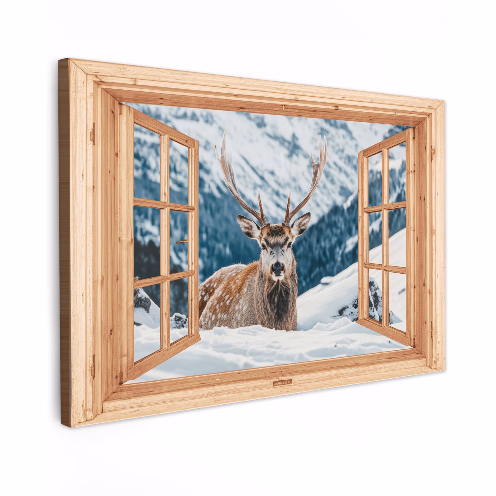 Canvas schilderij - Doorkijk - Hert - Landschap - Winter - Natuur - Dieren - Bergen — 1