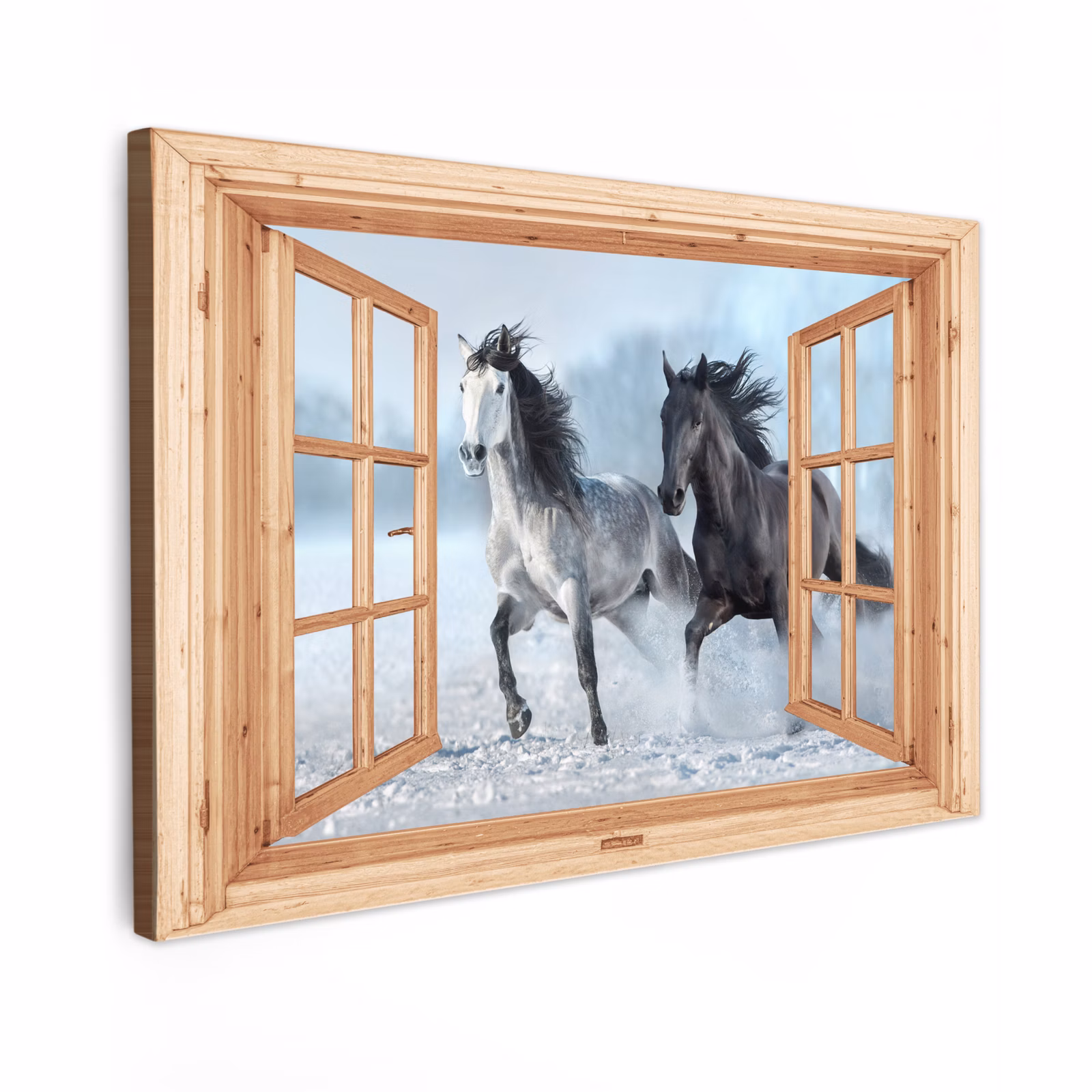 Canvas schilderij - Doorkijk - Paarden - Winter - Dieren - Natuur - Hout — 1