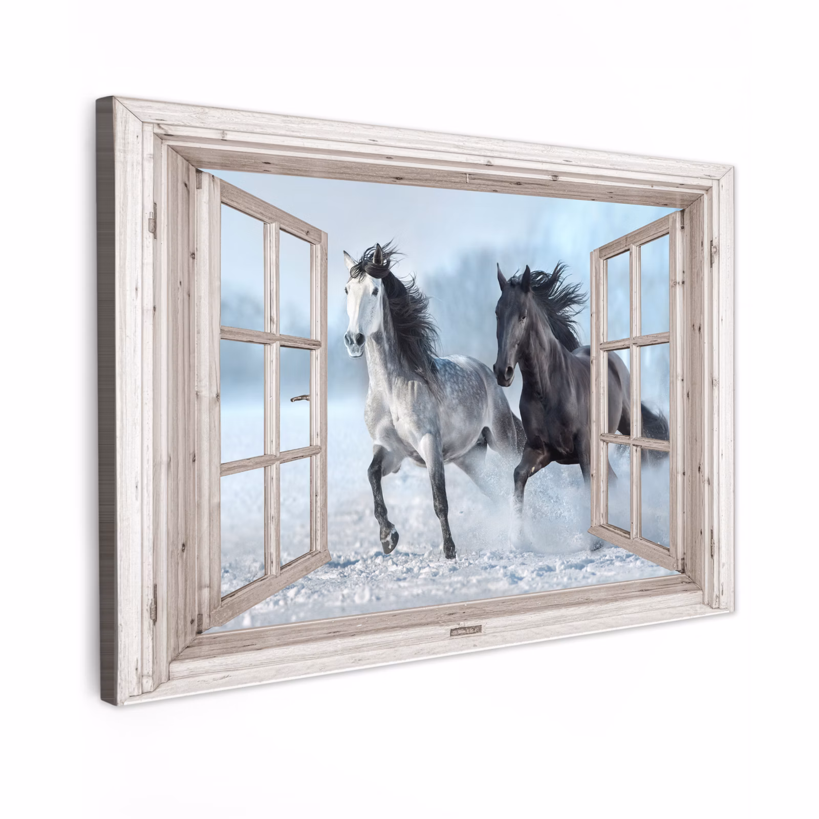 Canvas schilderij - Doorkijk - Paarden - Winter - Dieren - Natuur - Wit — 1