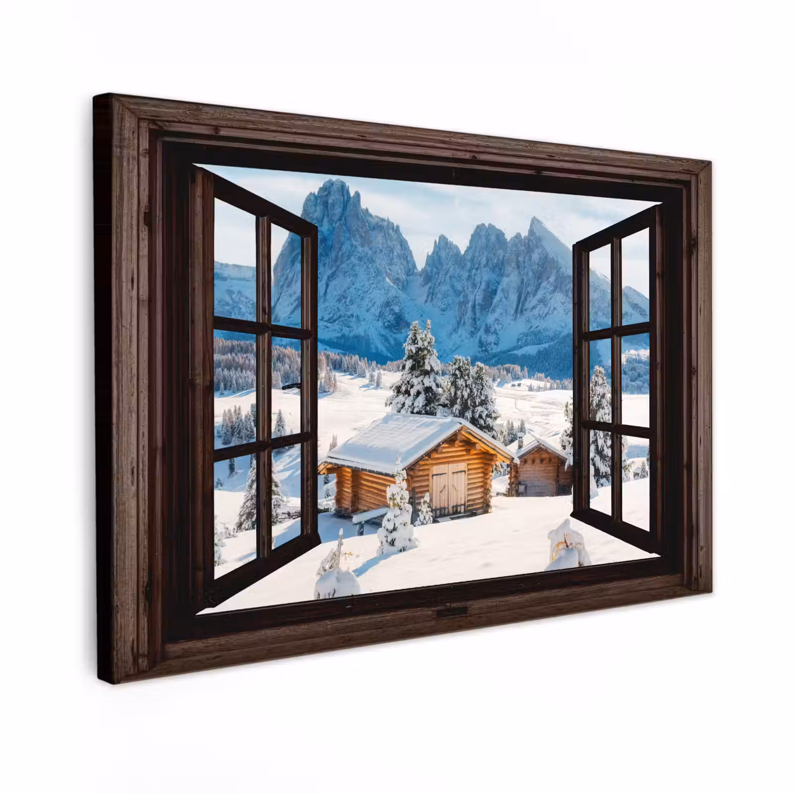 Canvas schilderij - Doorkijk - Winter - Landschap - Huisje - Bergen — 1