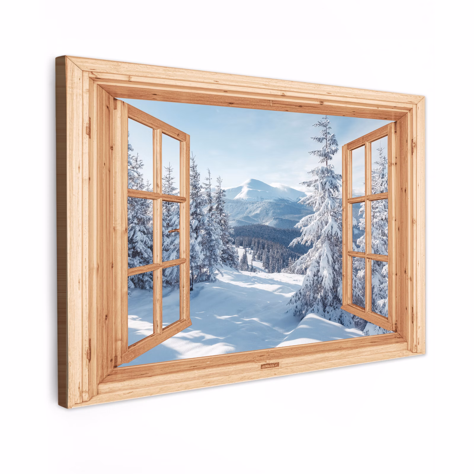 Canvas schilderij - Doorkijk - Winterlandschap - Natuur - Berg - Bomen - Hout — 1