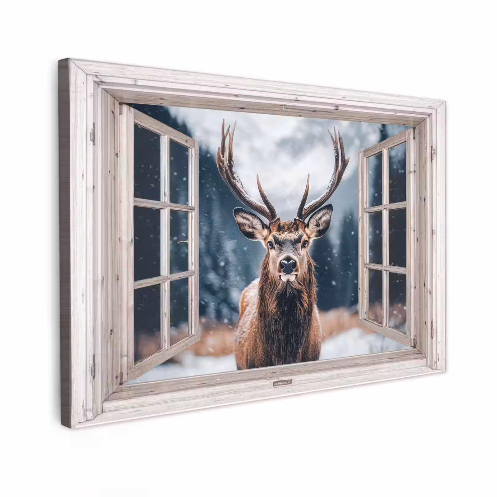 Canvas schilderij - Hert - Dieren - Landschap - Winter - Sneeuw - Doorkijk - Natuur — 1