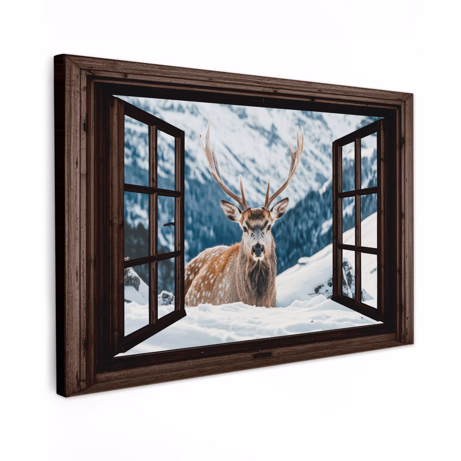 Canvas schilderij - Hert - Landschap - Winter - Natuur - Dieren - Doorkijk - Bergen — 1
