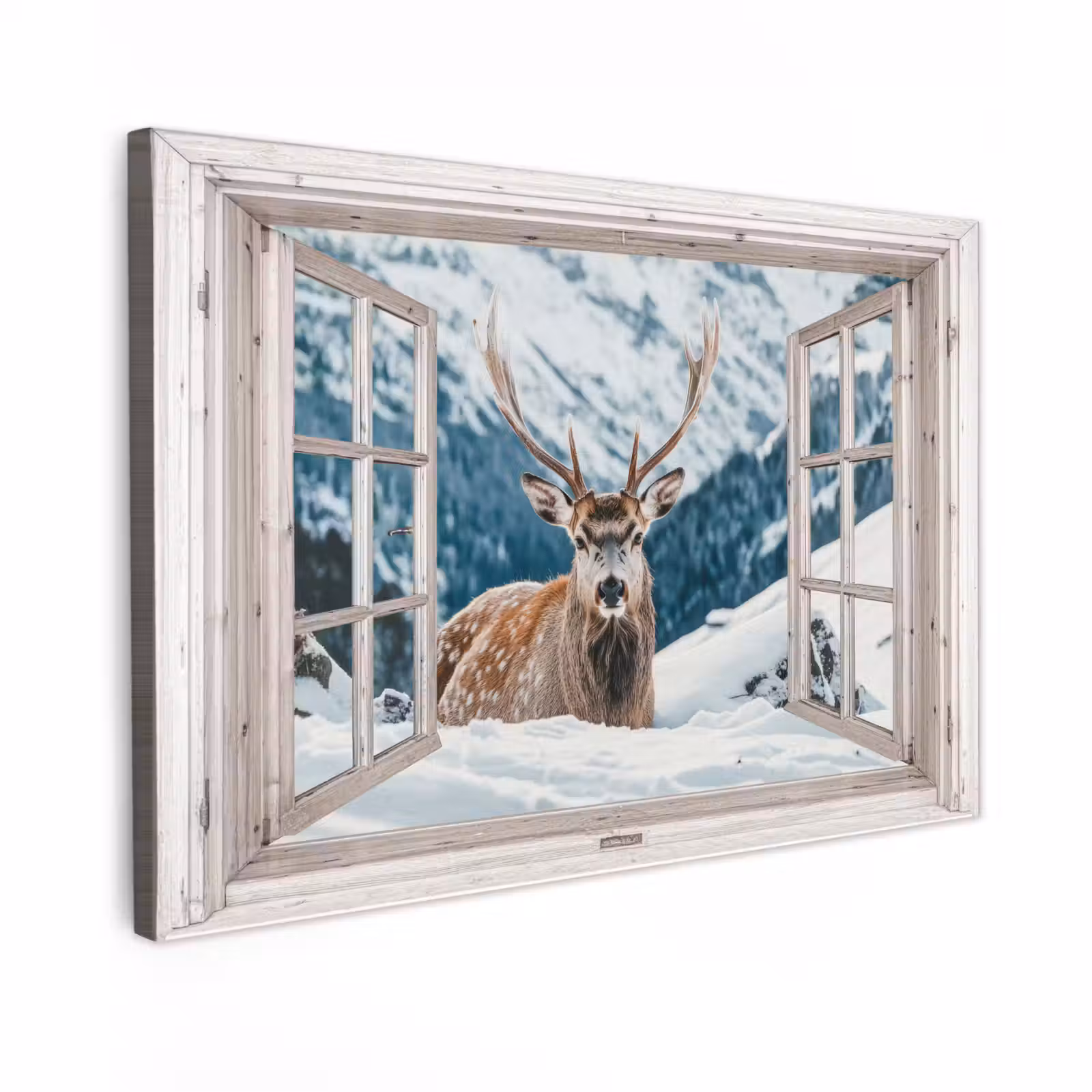 Canvas schilderij - Hert - Winterlandschap - Natuur - Dieren - Doorkijk - Bergen — 1