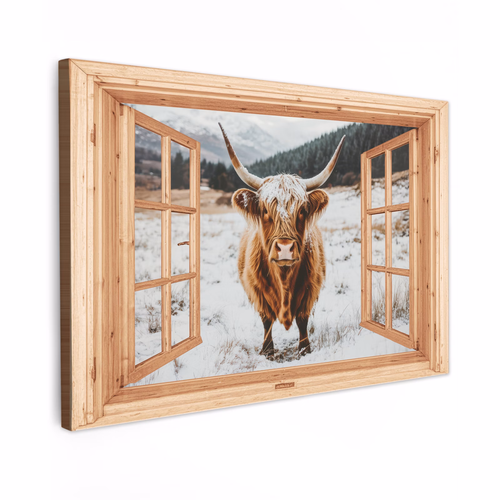 Canvas schilderij - Schotse Hooglander - Landschap - Landelijk - Bergen - Winter - Doorkijk — 1