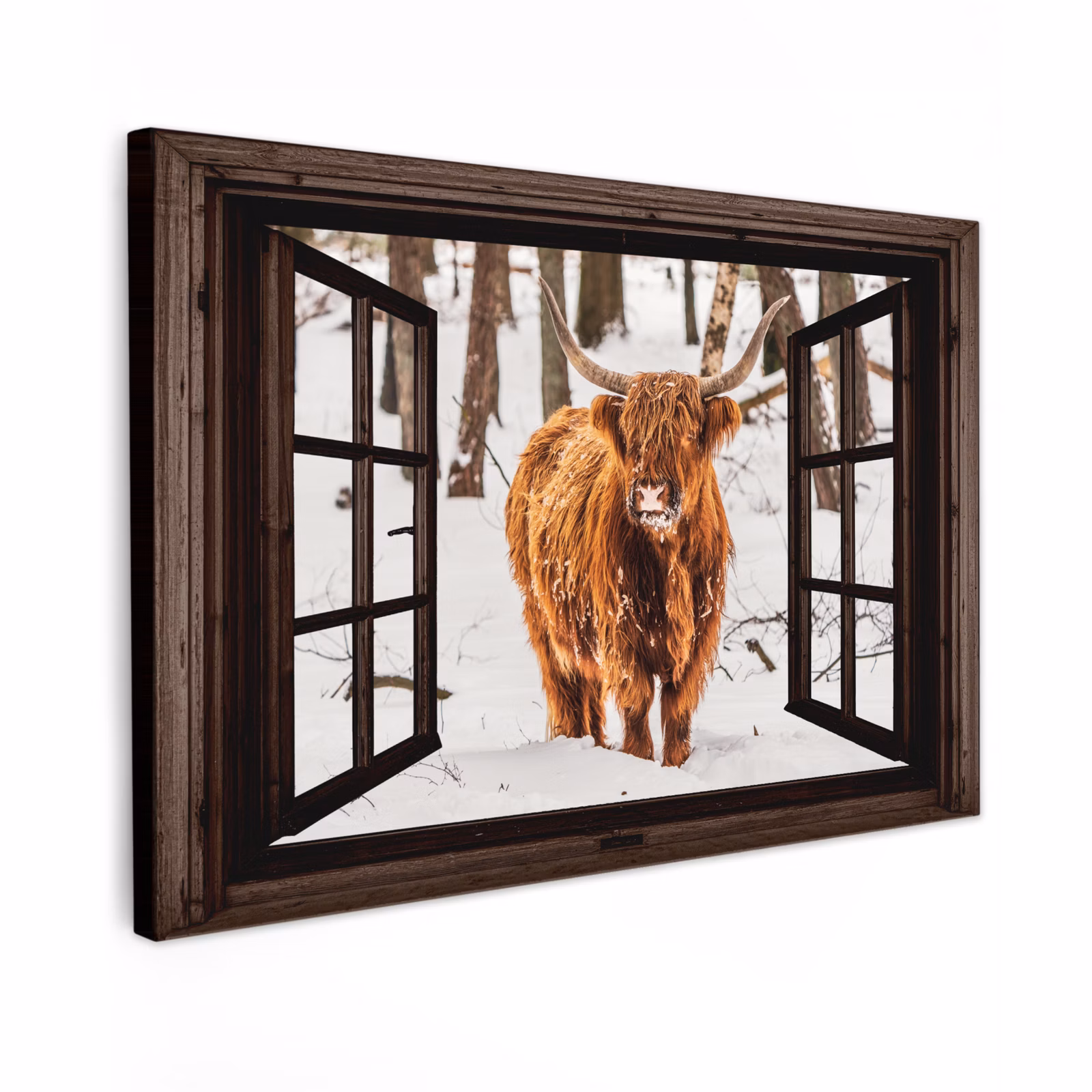 Canvas schilderij - Schotse Hooglander - Sneeuw - Natuur - Dieren - Doorkijk - Winter — 1