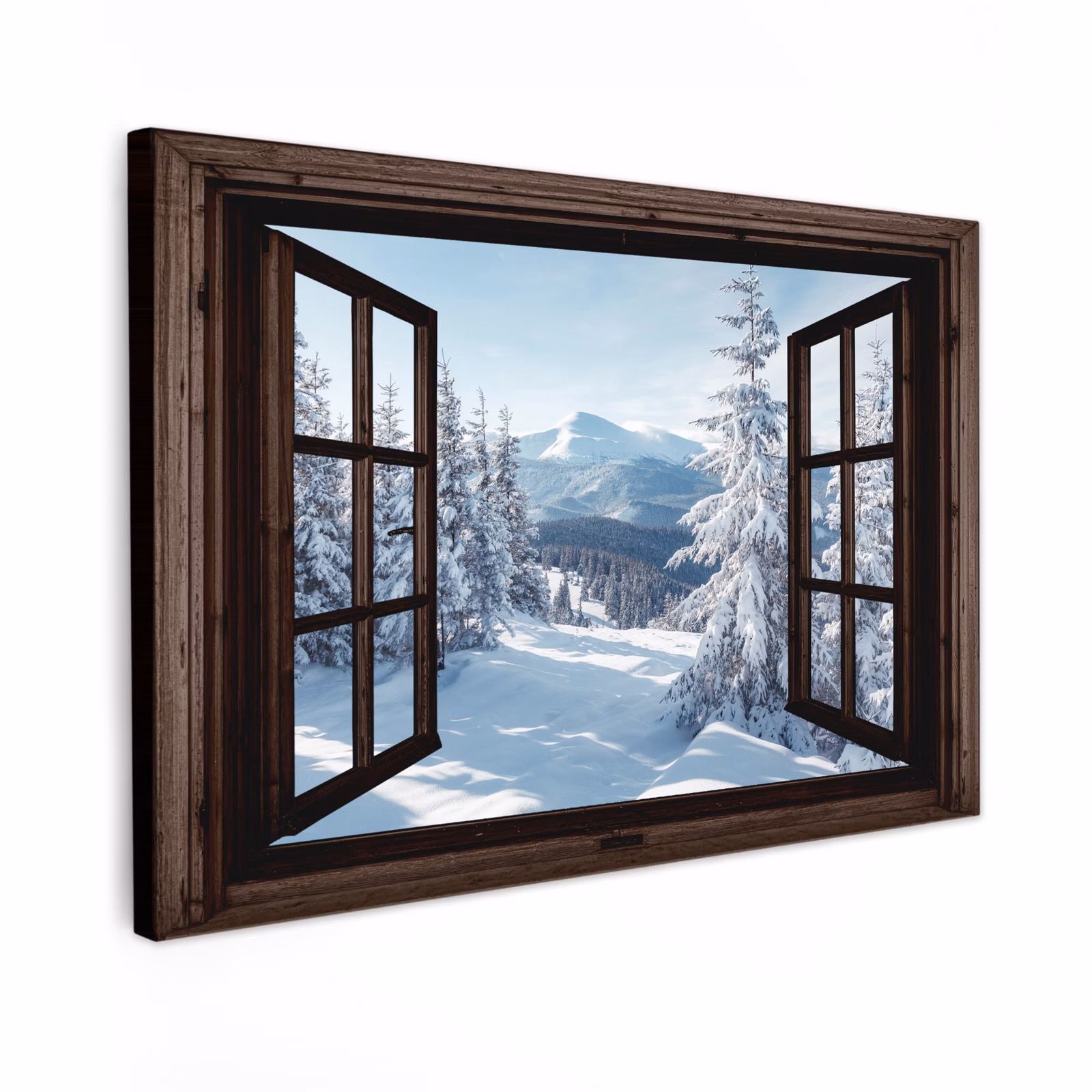 Canvas schilderij - Winter - Landschap - Natuur - Berg - Bomen - Doorkijk - Uitzicht — 1