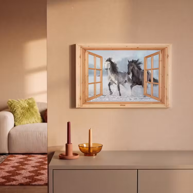 Canvas schilderij - Doorkijk - Paarden - Winter - Dieren - Natuur - Hout — 2