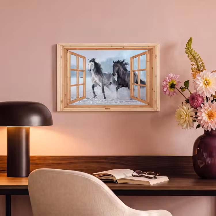 Canvas schilderij - Doorkijk - Paarden - Winter - Dieren - Natuur - Hout — 4