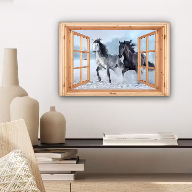Canvas schilderij - Doorkijk - Paarden - Winter - Dieren - Natuur - Hout — 5