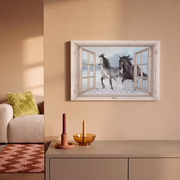 Canvas schilderij - Doorkijk - Paarden - Winter - Dieren - Natuur - Wit — 2