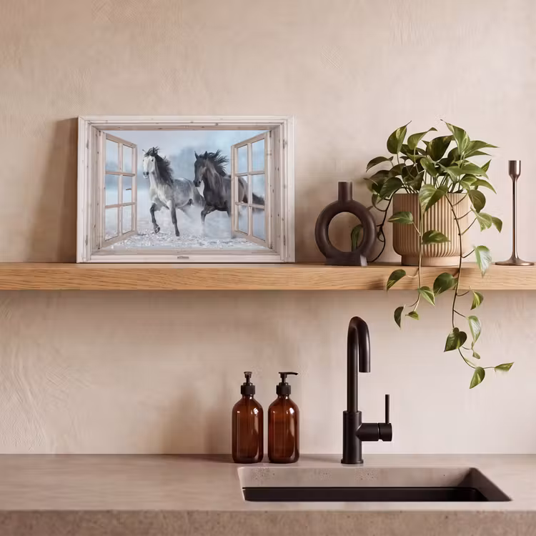 Canvas schilderij - Doorkijk - Paarden - Winter - Dieren - Natuur - Wit — 3