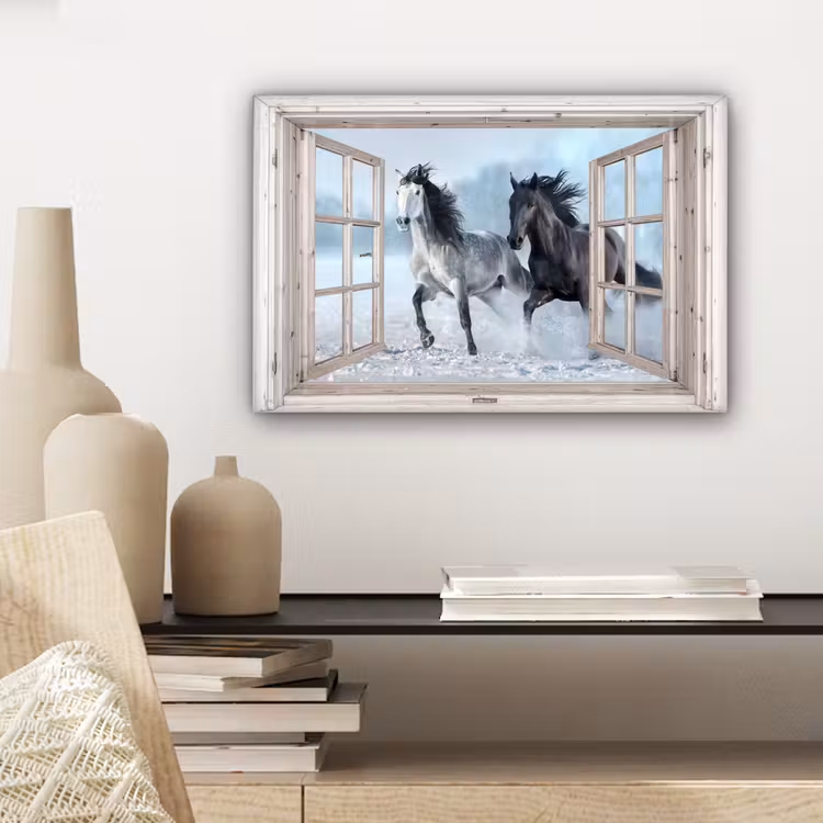Canvas schilderij - Doorkijk - Paarden - Winter - Dieren - Natuur - Wit — 5