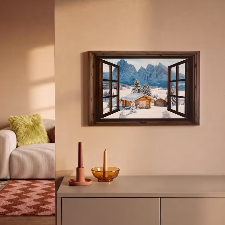 Canvas schilderij - Doorkijk - Winter - Landschap - Huisje - Bergen — 2
