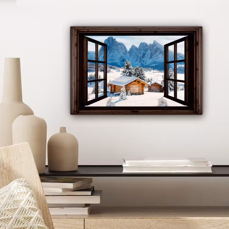 Canvas schilderij - Doorkijk - Winter - Landschap - Huisje - Bergen — 5