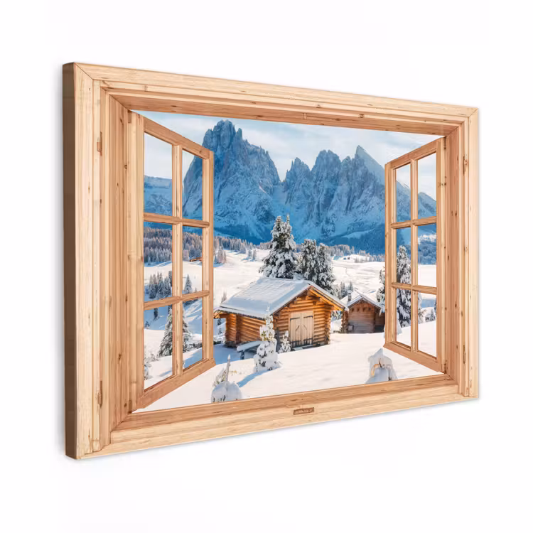 Canvas schilderij - Doorkijk - Winterlandschap - Huisje - Bergen - Uitzicht — 1