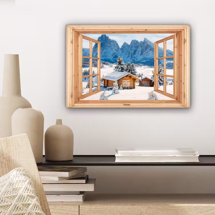 Canvas schilderij - Doorkijk - Winterlandschap - Huisje - Bergen - Uitzicht — 5