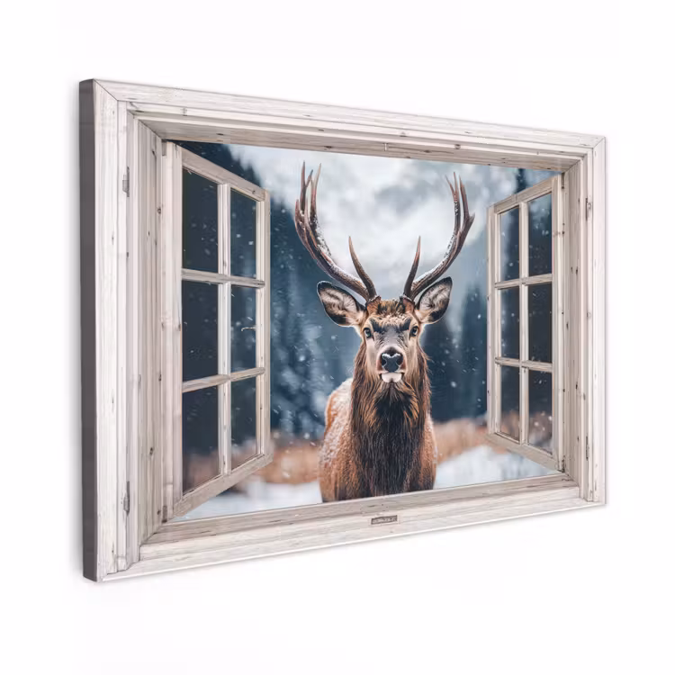 Canvas schilderij - Hert - Dieren - Landschap - Winter - Sneeuw - Doorkijk - Natuur — 1