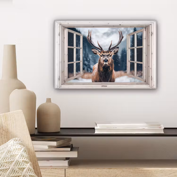 Canvas schilderij - Hert - Dieren - Landschap - Winter - Sneeuw - Doorkijk - Natuur — 5