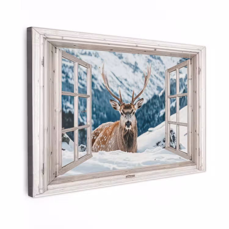 Canvas schilderij - Hert - Winterlandschap - Natuur - Dieren - Doorkijk - Bergen — 1